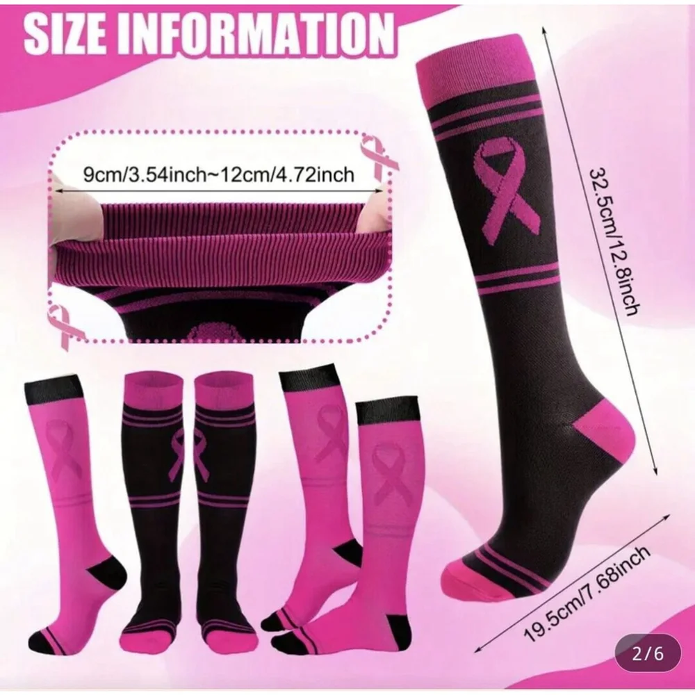 2 Pair Socks Athletic Compression Knee High Pink Ribbon Cancer Awareness Sock